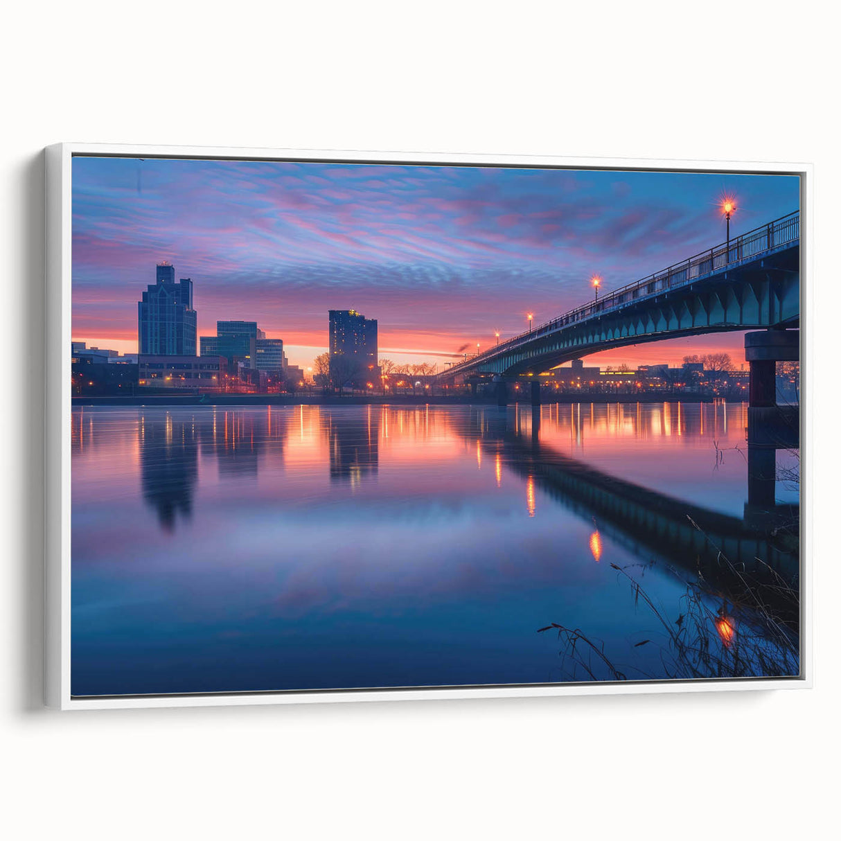 Vintage poster art of Delaware scenery on a large framed canvas with a white border.