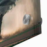 Mid-century modernist abstract depiction of Kansas scenery in muted earth tones on large acrylic glass.