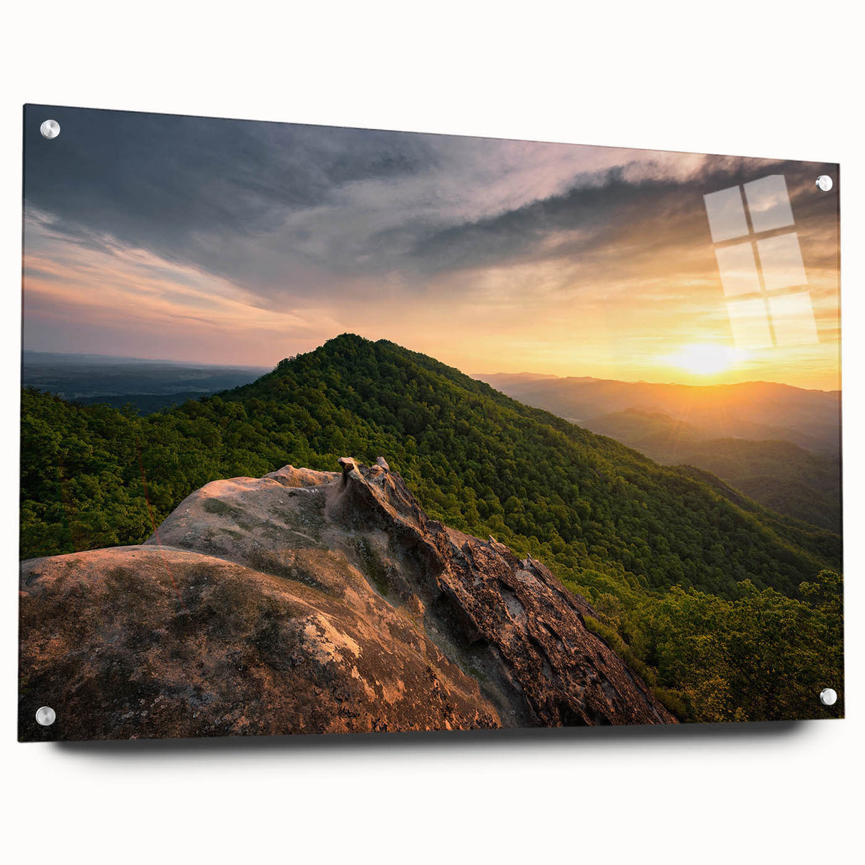 Large abstract wall art of Kentucky scenery in muted earth tones on acrylic glass, suitable for bedroom or dining room decor.