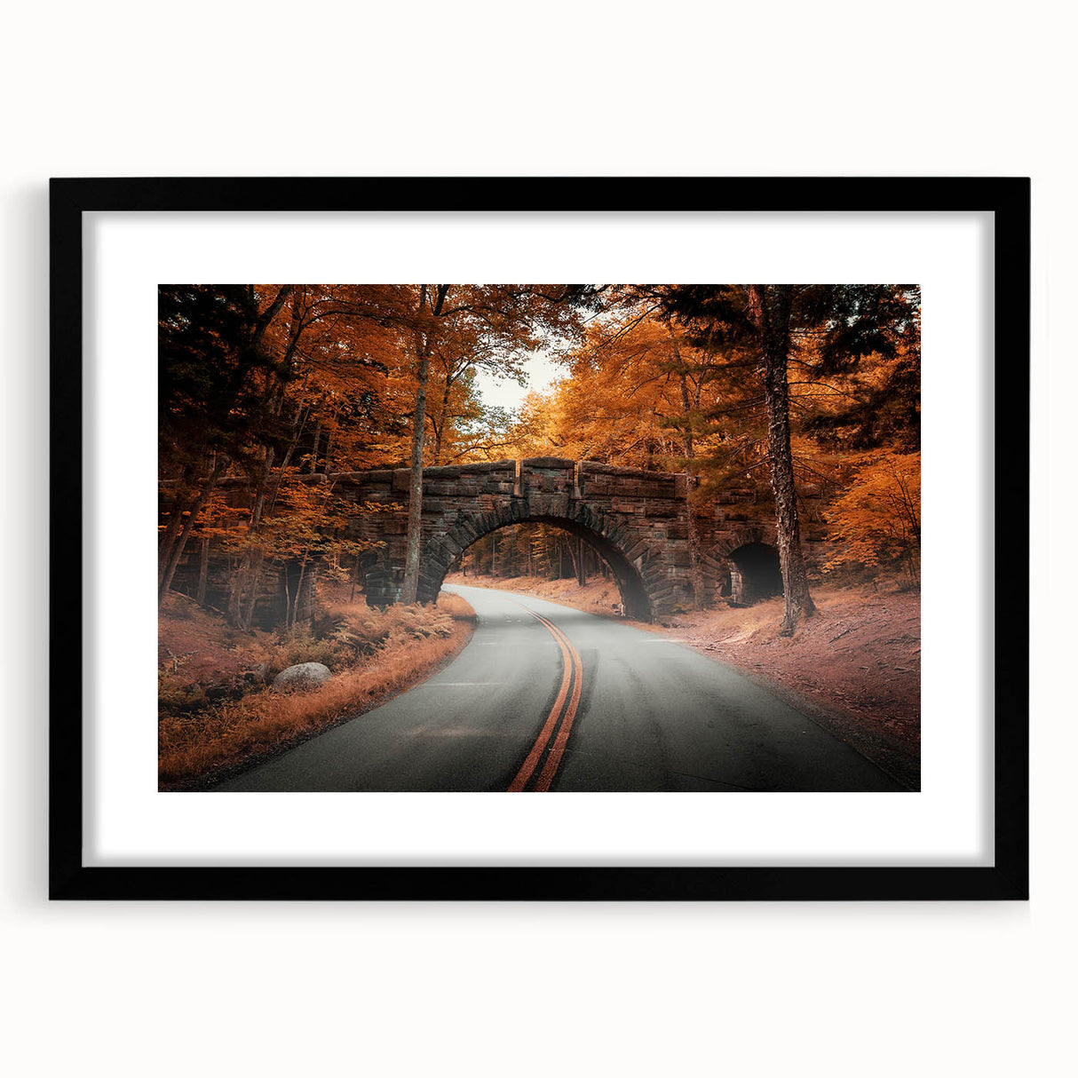 Extra large, colorful abstract art print of Acadia, Maine, in a black frame with a mat, ideal for living room decor.