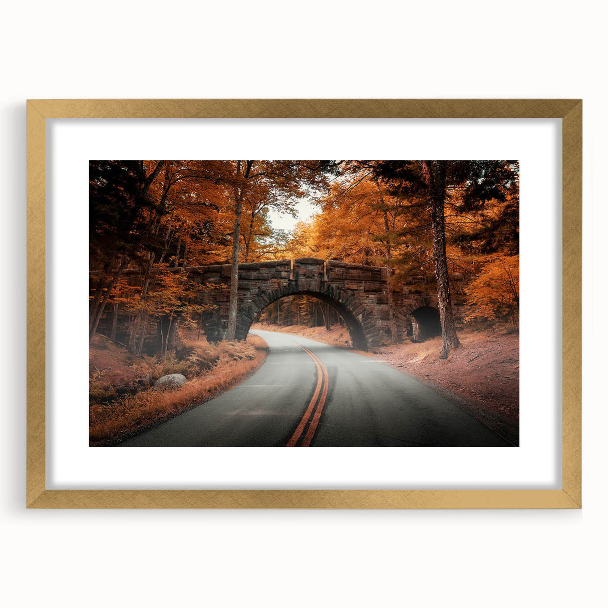 Extra large abstract art print of Acadia, Maine, in muted earth tones on a textured canvas, framed in gold.