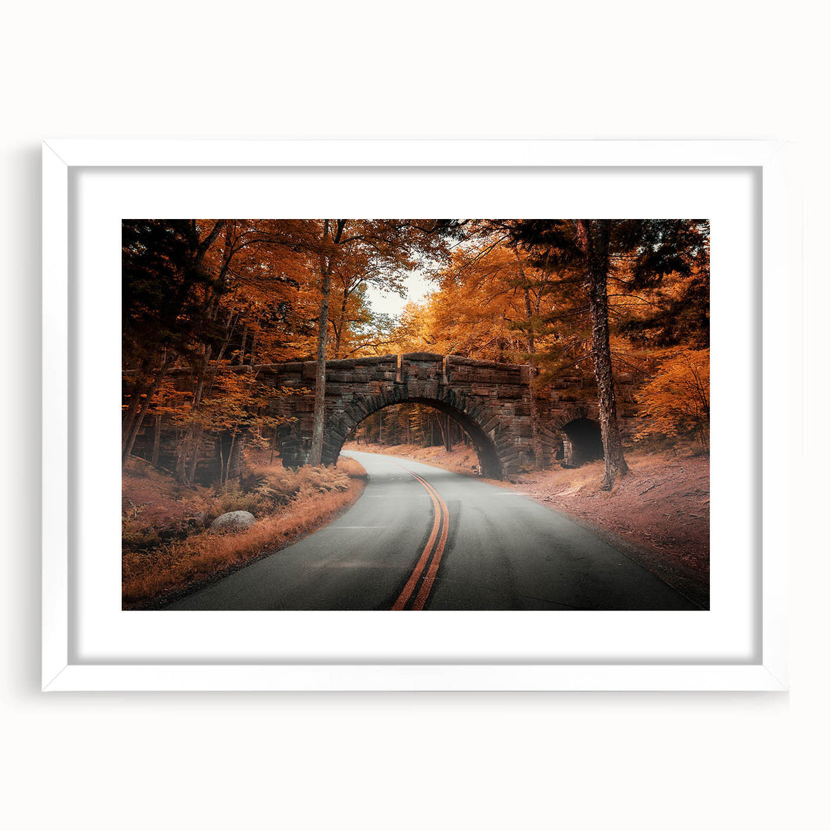Abstract art print of Acadia, Maine, in cool blue and green tones on a framed white mat, suitable for dining room decor.