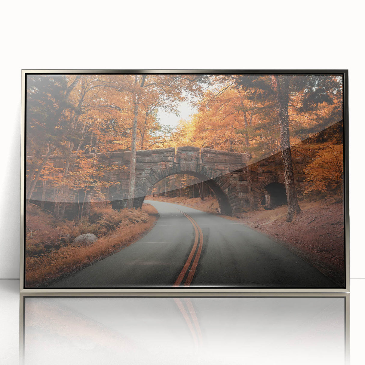 Mid-century modernist acrylic print of Acadia, Maine, in silver frame, suitable for nursery wall art.