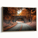 Framed canvas featuring a vintage-style landscape painting of Acadia, Maine, in black and gold tones.