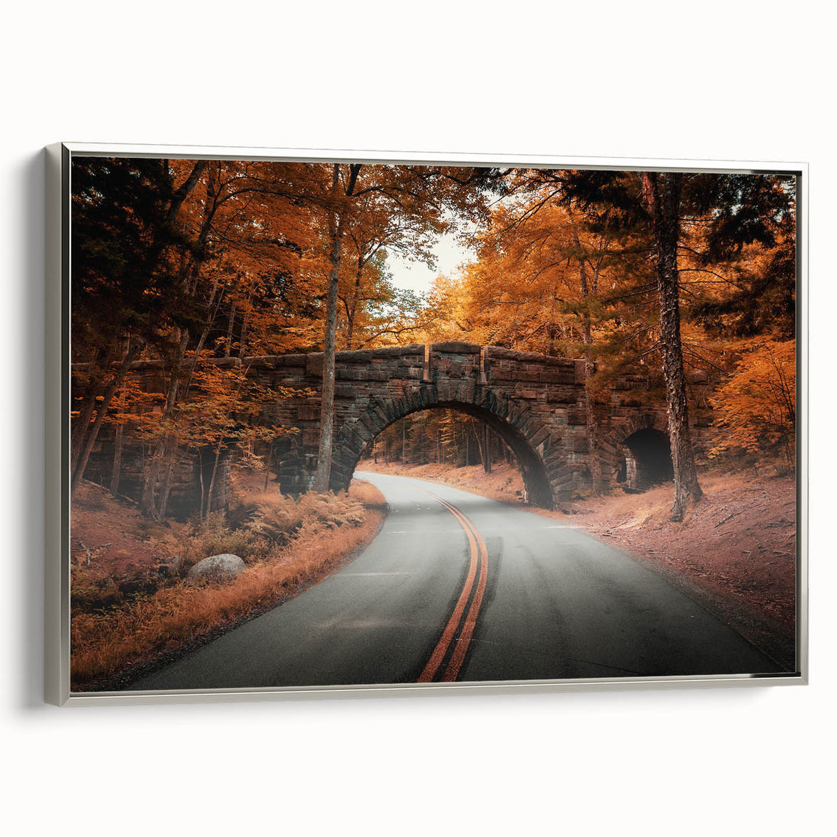 Framed canvas of Acadia landscape in Maine, featuring muted earth tones, ideal for living room decor.