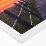 Art deco poster featuring a serene Maine landscape with soft blue and green tones on rolled canvas.