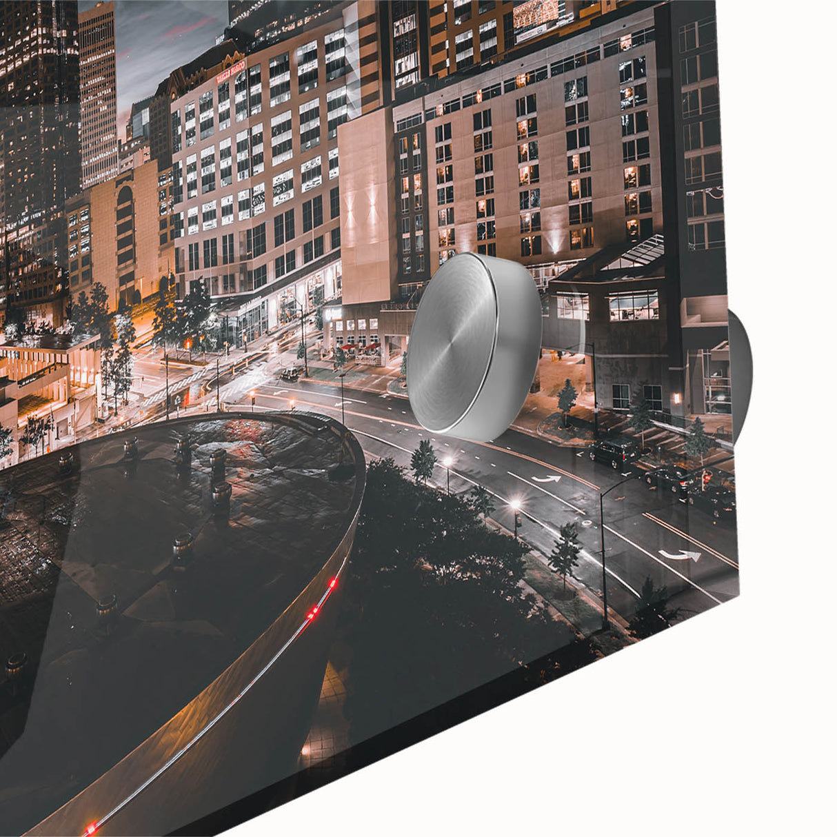 Large abstract wall art of Charlotte skyline in muted blue and green tones on acrylic glass.