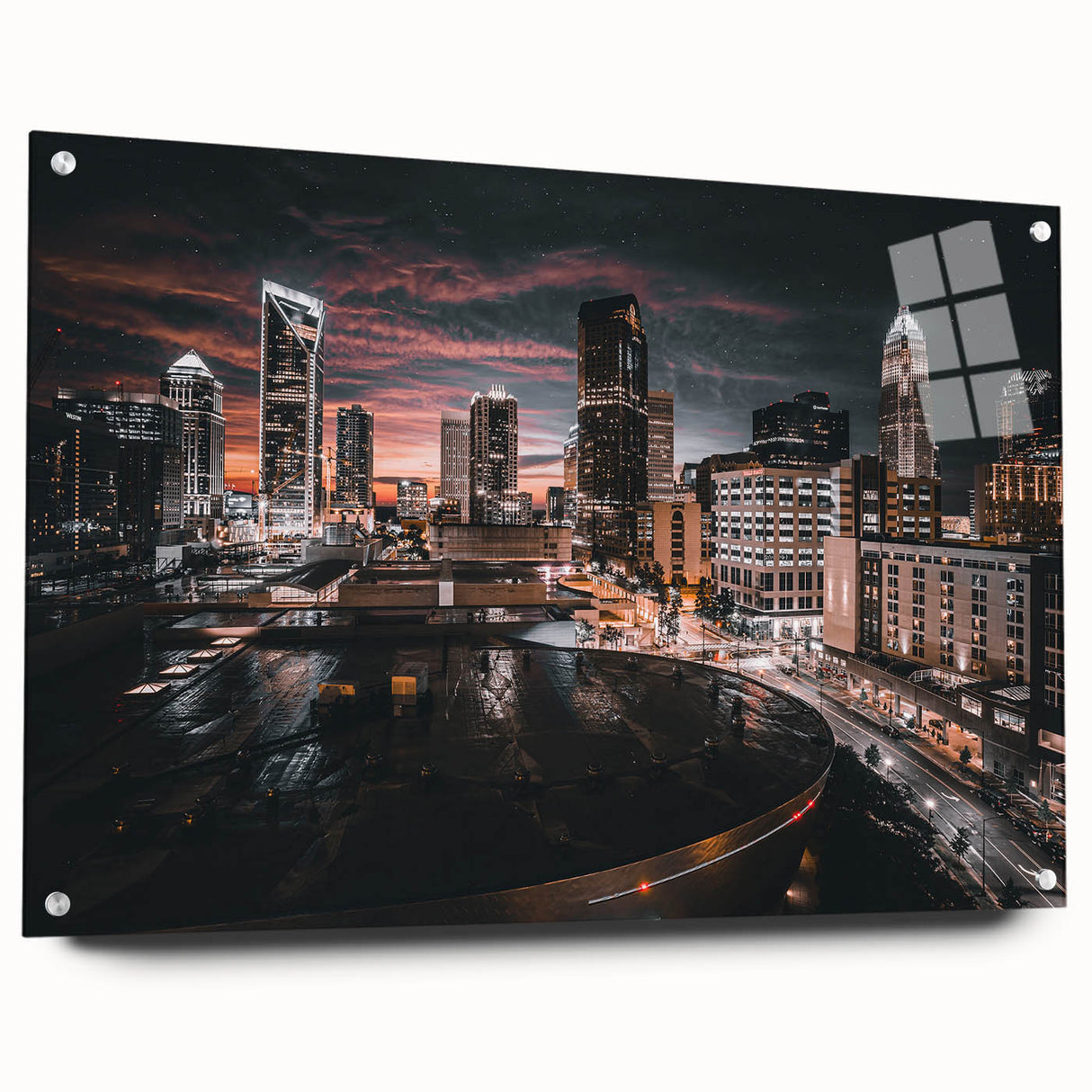 Acrylic print of Charlotte, North Carolina skyline in muted blue and gray tones, suitable for bedroom or dining room decor.