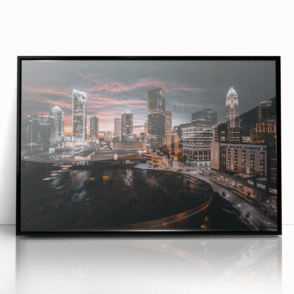 Large abstract wall art depicting Charlotte, North Carolina skyline in muted grays and blues on a framed acrylic canvas.
