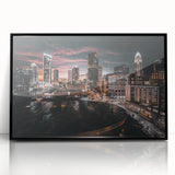 Large abstract wall art depicting Charlotte, North Carolina skyline in muted grays and blues on a framed acrylic canvas.