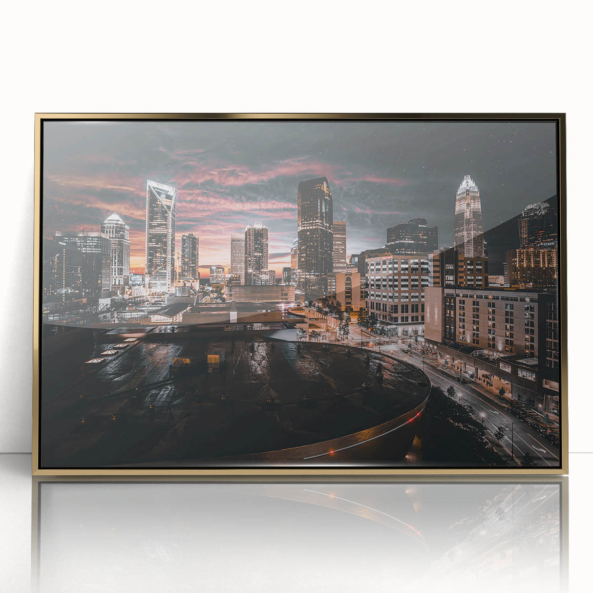Acrylic print of Charlotte skyline in gold and blue tones, mid-century modernist style, suitable for modern art wall decor.
