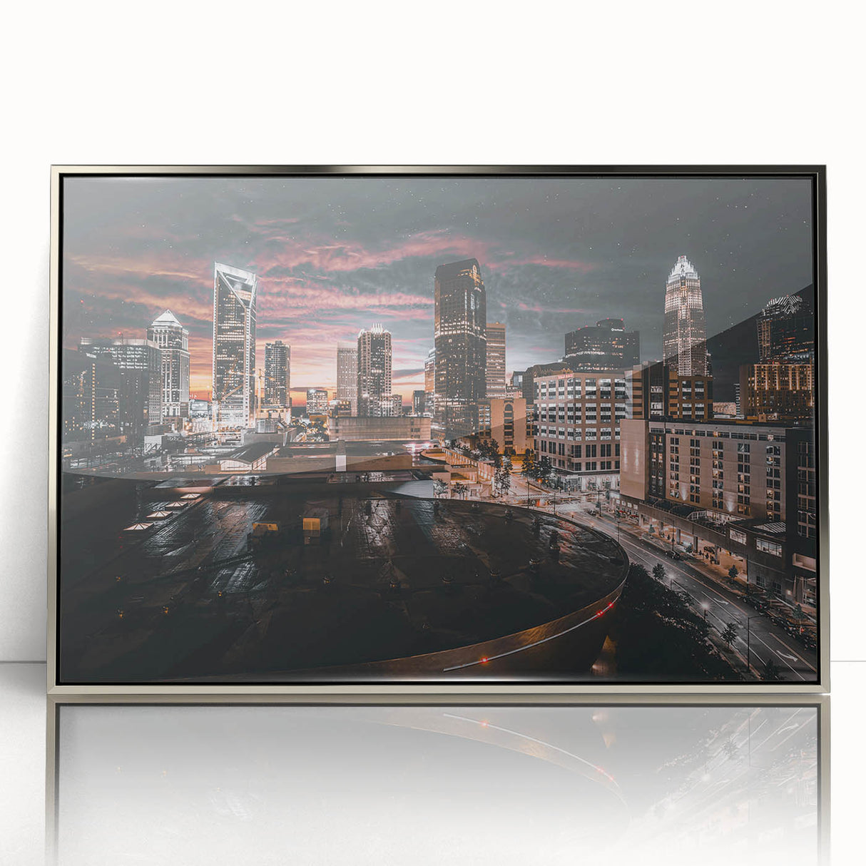 Mid-century modernist art depicting the Charlotte skyline in muted blue and silver tones on a framed acrylic print.
