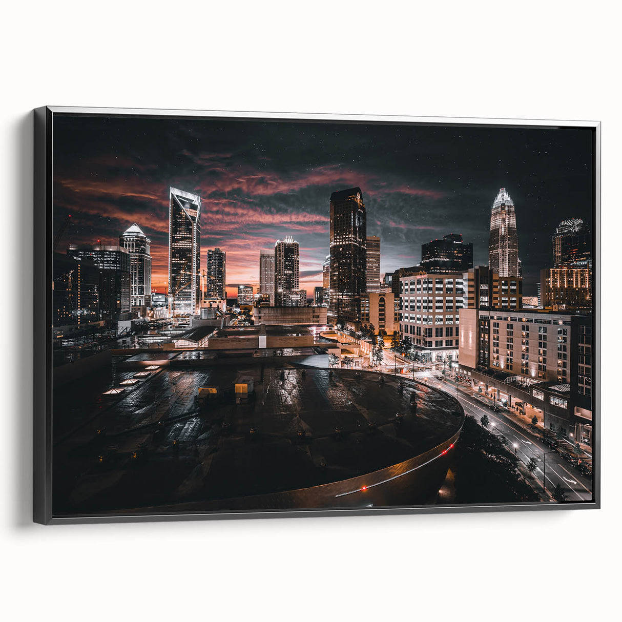 Black and white landscape art painting of Charlotte, North Carolina on framed canvas, suited for bedroom wall decor.