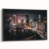 Black and white landscape art painting of Charlotte, North Carolina on framed canvas, suited for bedroom wall decor.