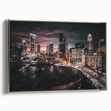 Framed canvas of a vintage Charlotte, North Carolina landscape in colorful art style, ideal for modern living room decor.