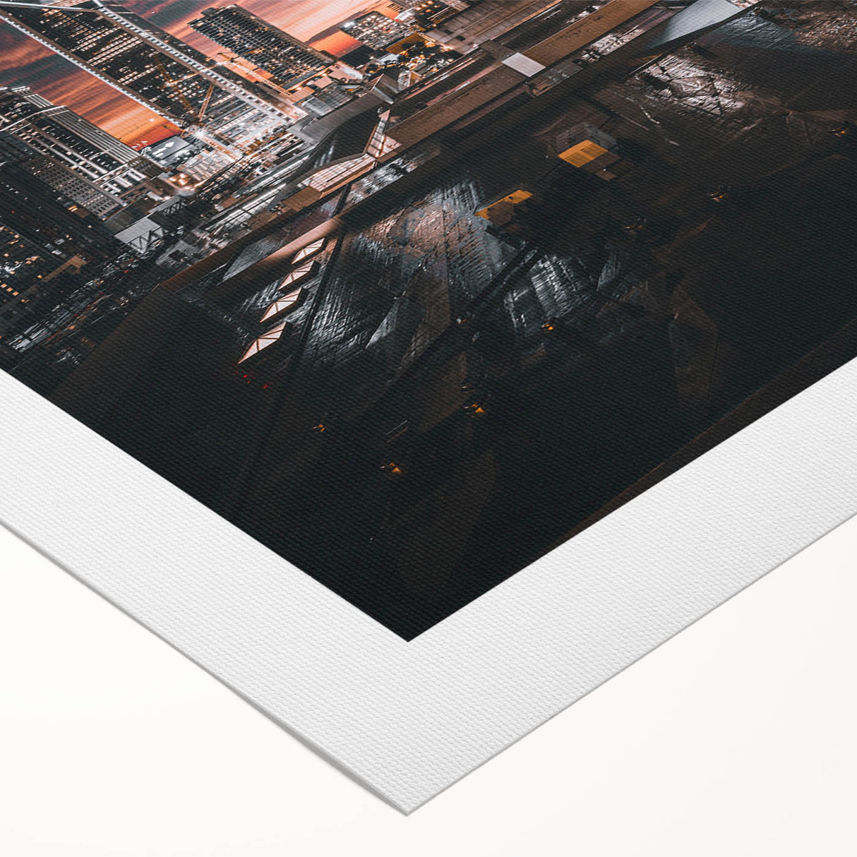 Art deco poster of the Charlotte, North Carolina skyline in muted gray and blue tones on rolled canvas.