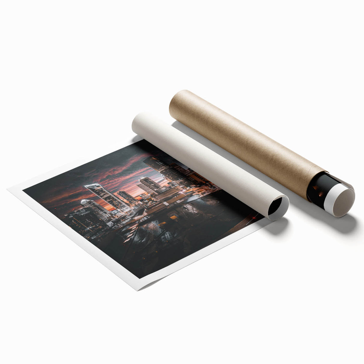 Extra large rolled print of Charlotte, North Carolina skyline in muted gray and blue tones.