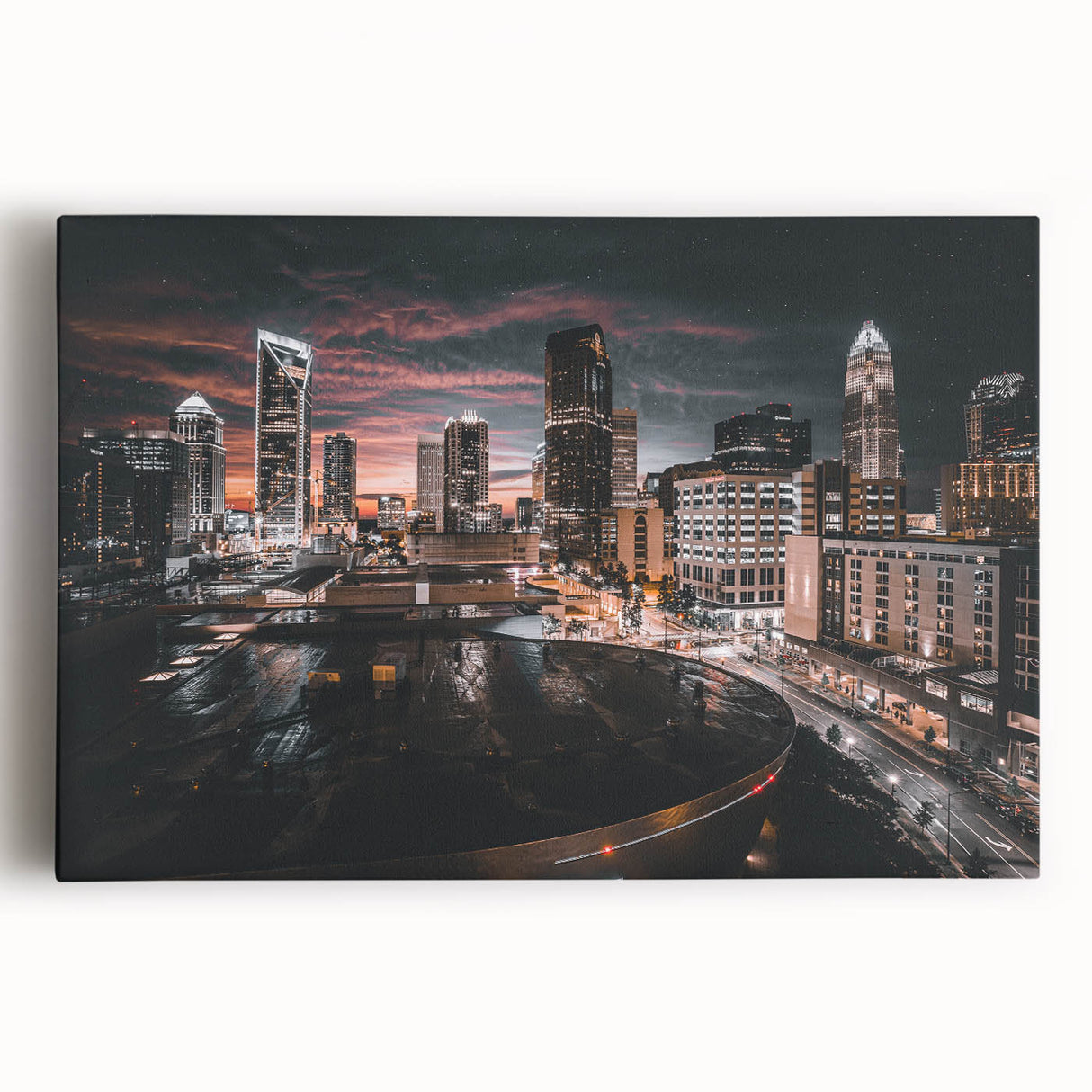 Black and white large art print of Charlotte skyline on stretched canvas, suitable for kitchen wall art.