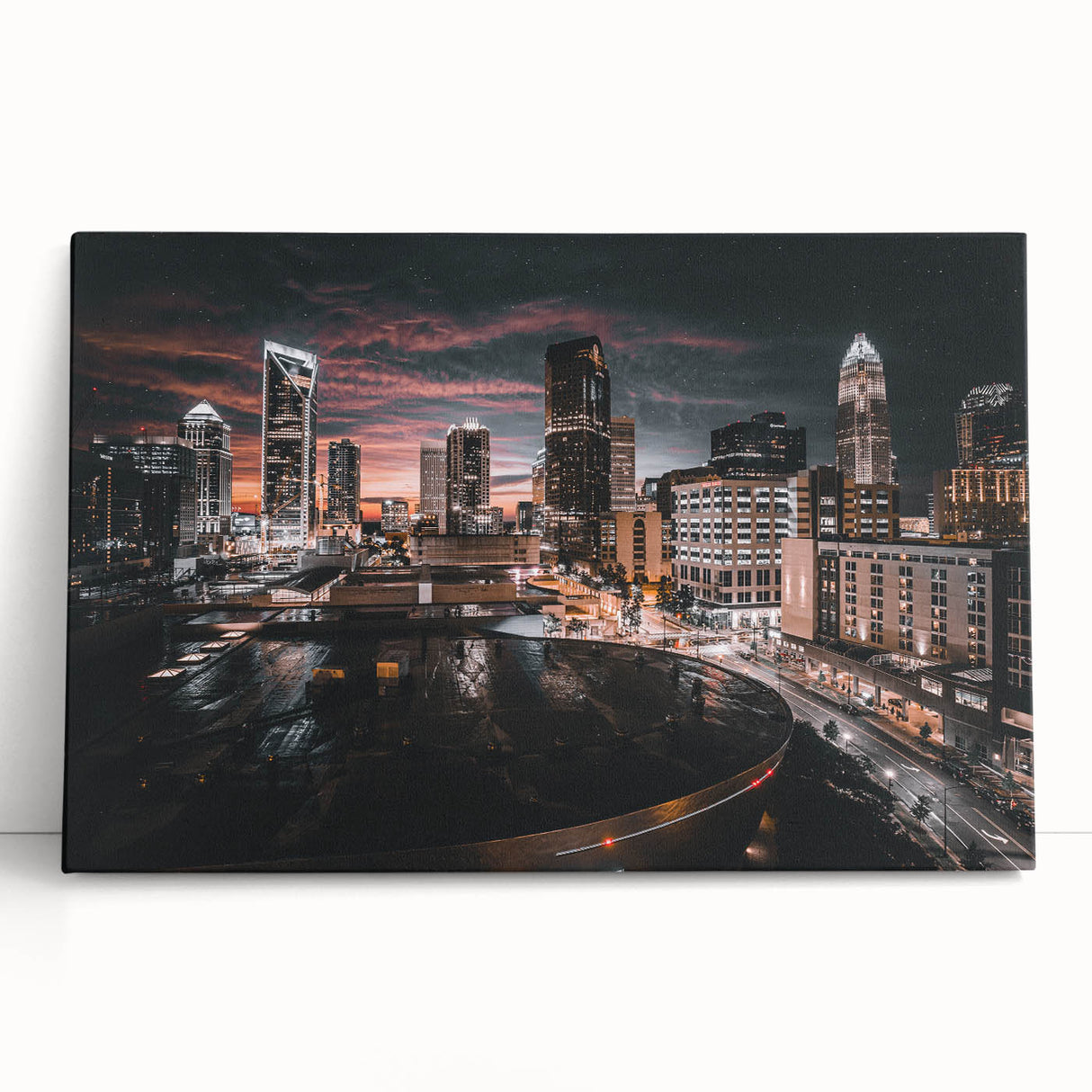 Black and white stretched canvas of Charlotte skyline, ideal for kitchen wall art or bedroom ambiance.