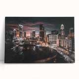 Black and white stretched canvas of Charlotte skyline, ideal for kitchen wall art or bedroom ambiance.