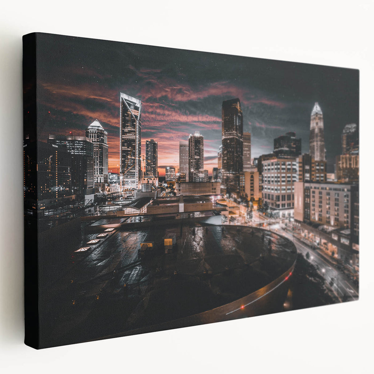 Charlotte, North Carolina skyline in muted gray and blue tones on large stretched canvas, suitable for kitchen wall art.