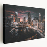 Charlotte, North Carolina skyline in muted gray and blue tones on large stretched canvas, suitable for kitchen wall art.