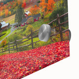 Mid-century modernist art depicting Vermont scenery in muted earth tones on large acrylic glass, ideal for dining room art.