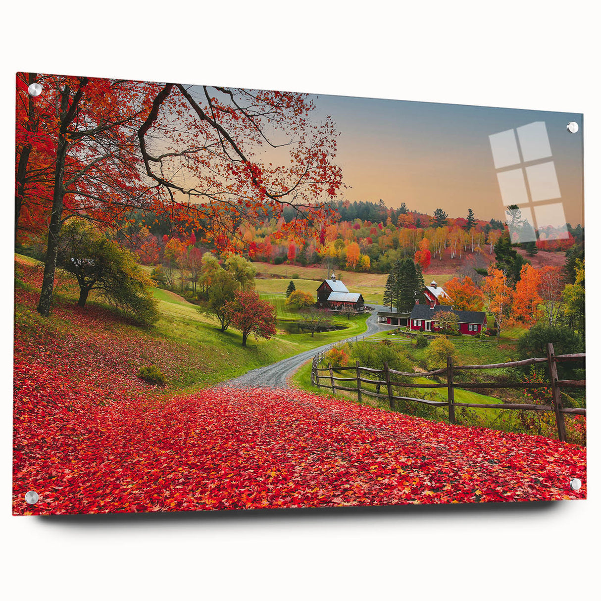 Acrylic print of a Vermont landscape in muted earth tones, ideal for dining room decor.
