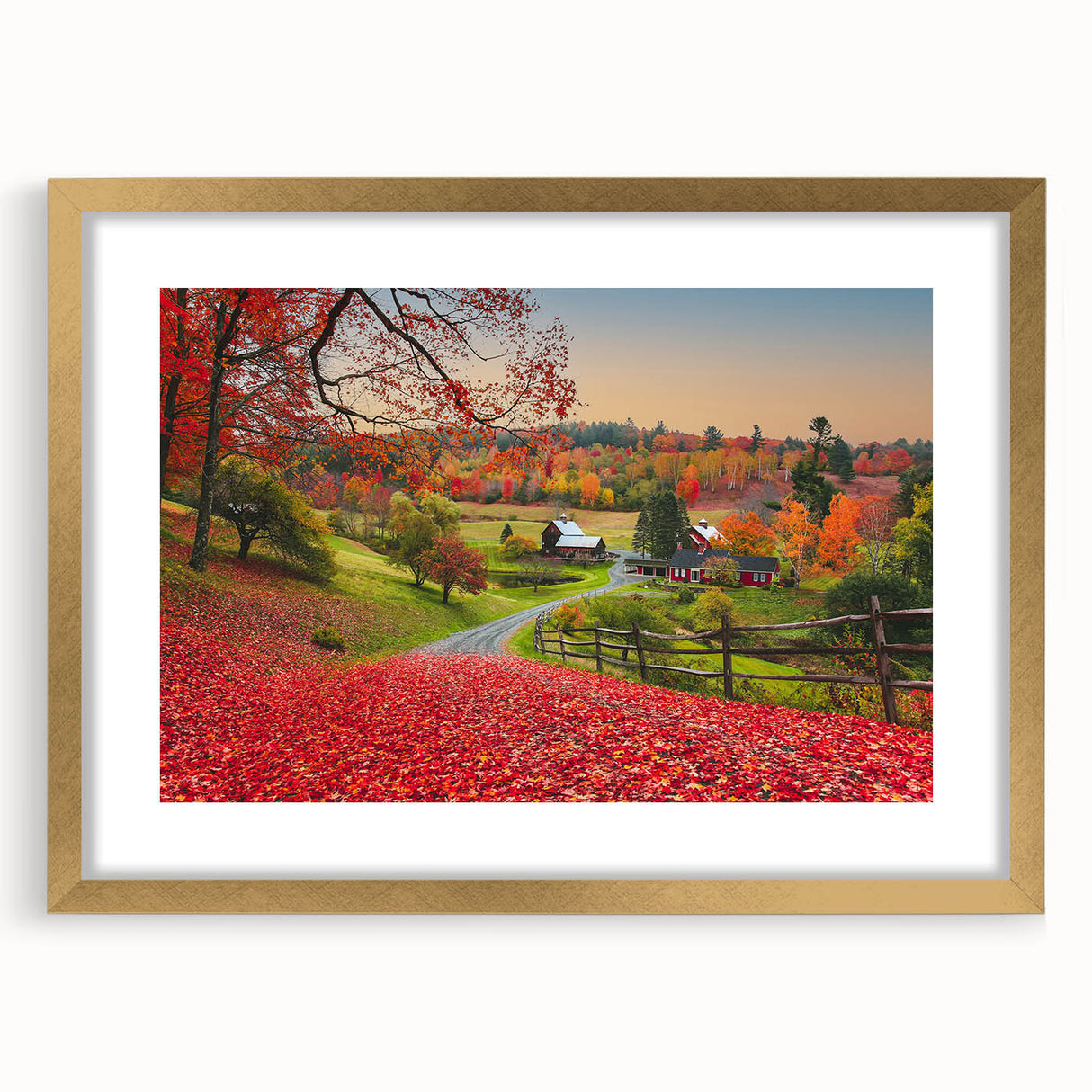Extra large abstract art print of Vermont scenery in muted earth tones on a framed canvas, suitable for living room decor.