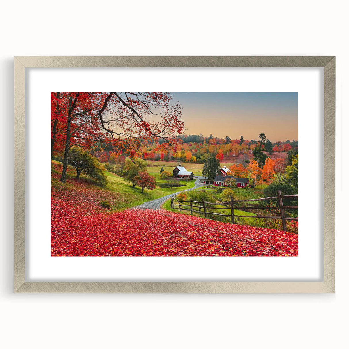 Textured art print of an abstract Vermont landscape in muted earth tones, framed in silver, ideal for bedroom decor.