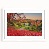 Abstract art print of Vermont scenery in muted green and blue tones, framed with a white mat, suitable for dining room decor.