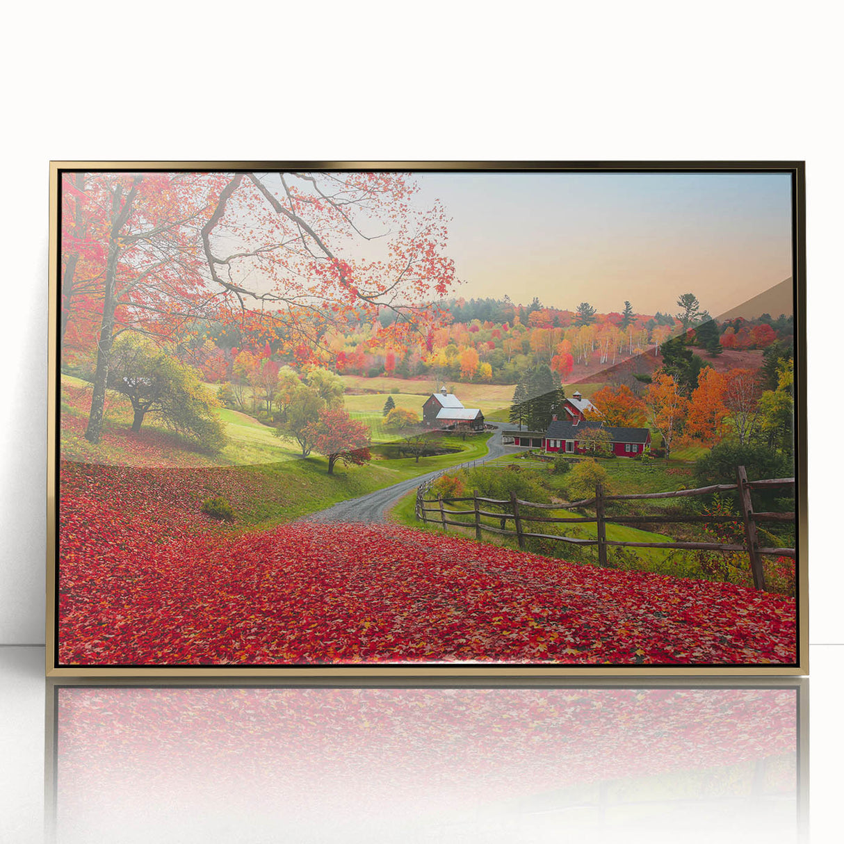 Landscape of Vermont in autumn on framed acrylic, featuring mid-century modernist style, ideal for modern art wall decor.