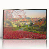 Mid-century modernist art depicting a serene Vermont landscape in muted earth tones, framed in acrylic.