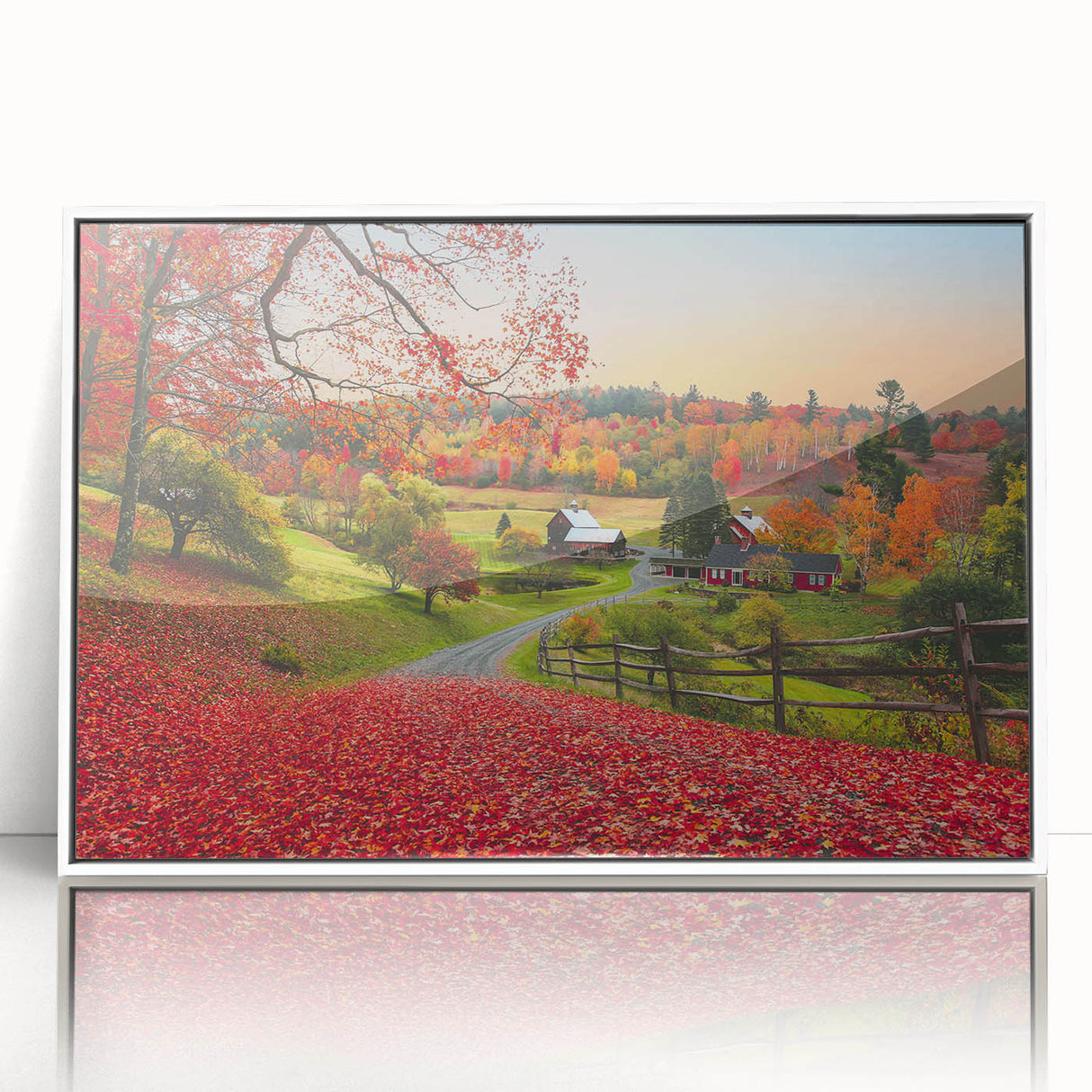 Acrylic print of a Vermont landscape in art deco style, featuring muted earth tones, ideal for modern nursery decor.