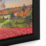 Close-up of a textured, black wall art depicting a colorful Vermont landscape on an extra large framed canvas.