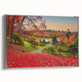 Framed canvas featuring a vintage Vermont landscape with colorful foliage and a black border, ideal for living room decor.