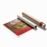 Extra large rolled print of Vermont scenery with lush greenery and floral elements, ideal for classy bathroom decor.