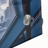Large abstract depiction of Seattle skyline in muted blue and green on acrylic glass, suitable for dining room art.