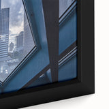 Close-up of extra large framed canvas featuring a textured depiction of Seattle skyline in black with colorful accents.