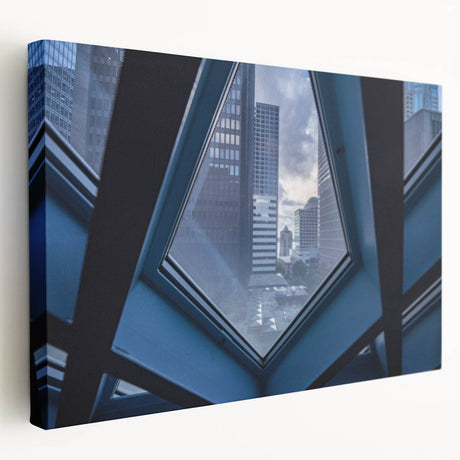 Large art of Seattle skyline in muted green and blue tones on stretched canvas, ideal for kitchen wall art.