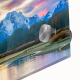 Acrylic print of the Grand Tetons in muted earth tones, ideal for dining room art in a mid-century modernist style.