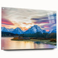 Acrylic print of the Grand Tetons with a reflective finish, in muted earth tones, suitable for bedroom or dining room decor.