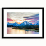 Abstract art print of Wyoming's Grand Tetons in vibrant colors on a textured, extra large canvas, framed in black.
