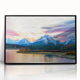 Large abstract wall art of Grand Tetons in muted earth tones on black framed acrylic, suitable for modern living room decor.