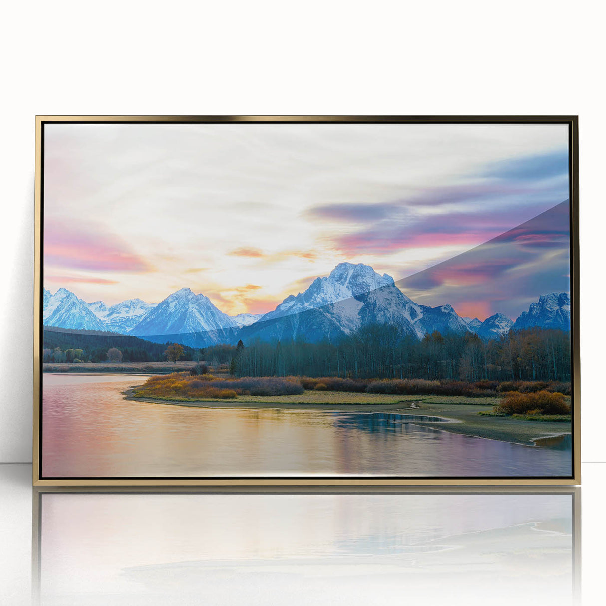 Large art print of the Grand Tetons in muted earth tones on framed acrylic, suitable for modern nursery decor.