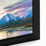 Extra large framed canvas of the Grand Tetons in Wyoming, featuring textured black and colorful art.