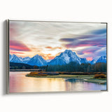 Framed canvas landscape art painting depicting the Grand Tetons in Wyoming, featuring muted earth tones.