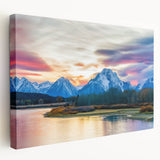 Grand Tetons landscape on large stretched canvas, featuring muted earth tones, ideal for kitchen wall art.