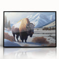 Large abstract wall art depicting Yellowstone scenery in mid-century modernist style, framed in black acrylic.