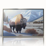 Mid-century modernist art depicting Yellowstone scenery in muted earth tones on a silver-framed acrylic print.